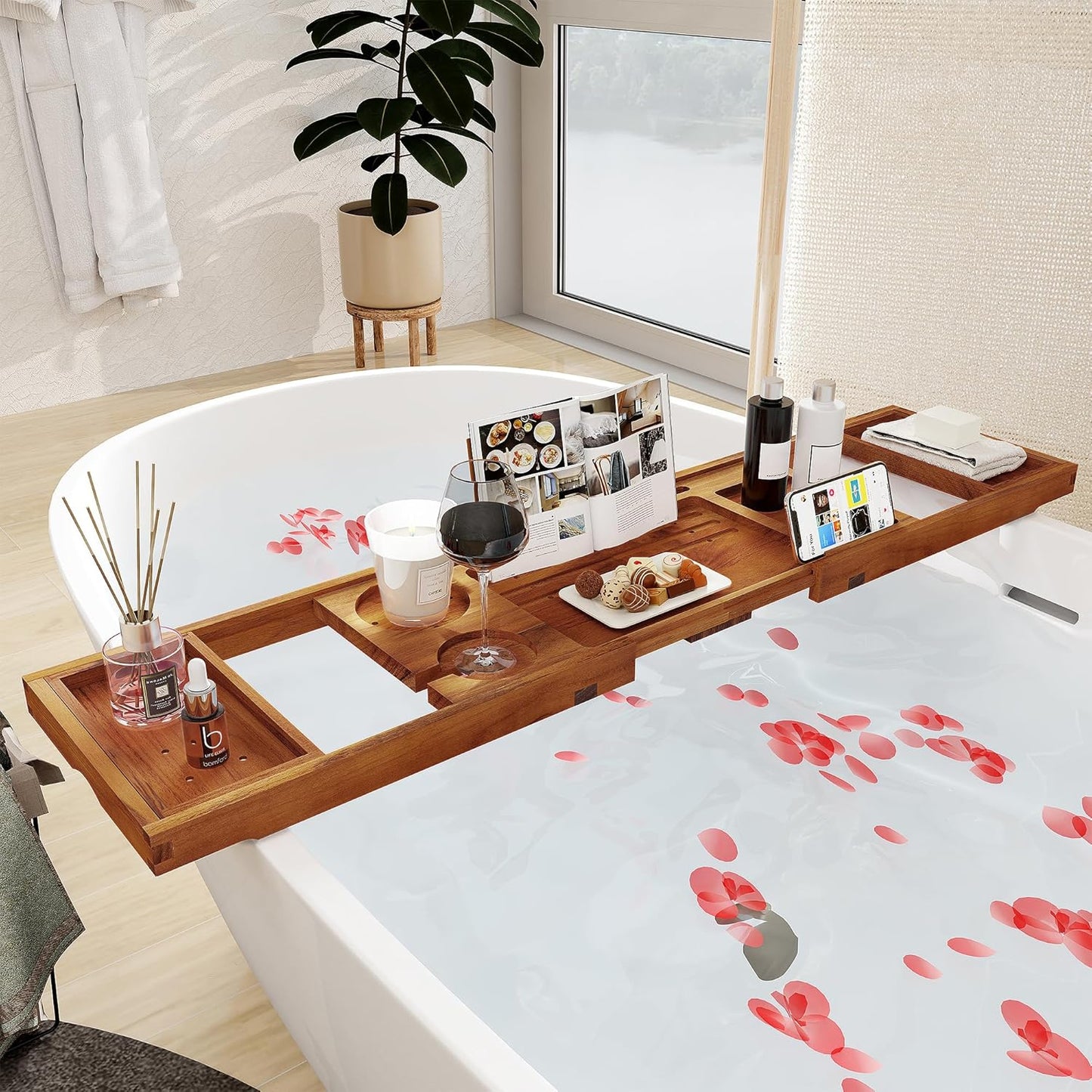 ShelfLoft Luxury Teak Bathtub Tray with Expandable Handle