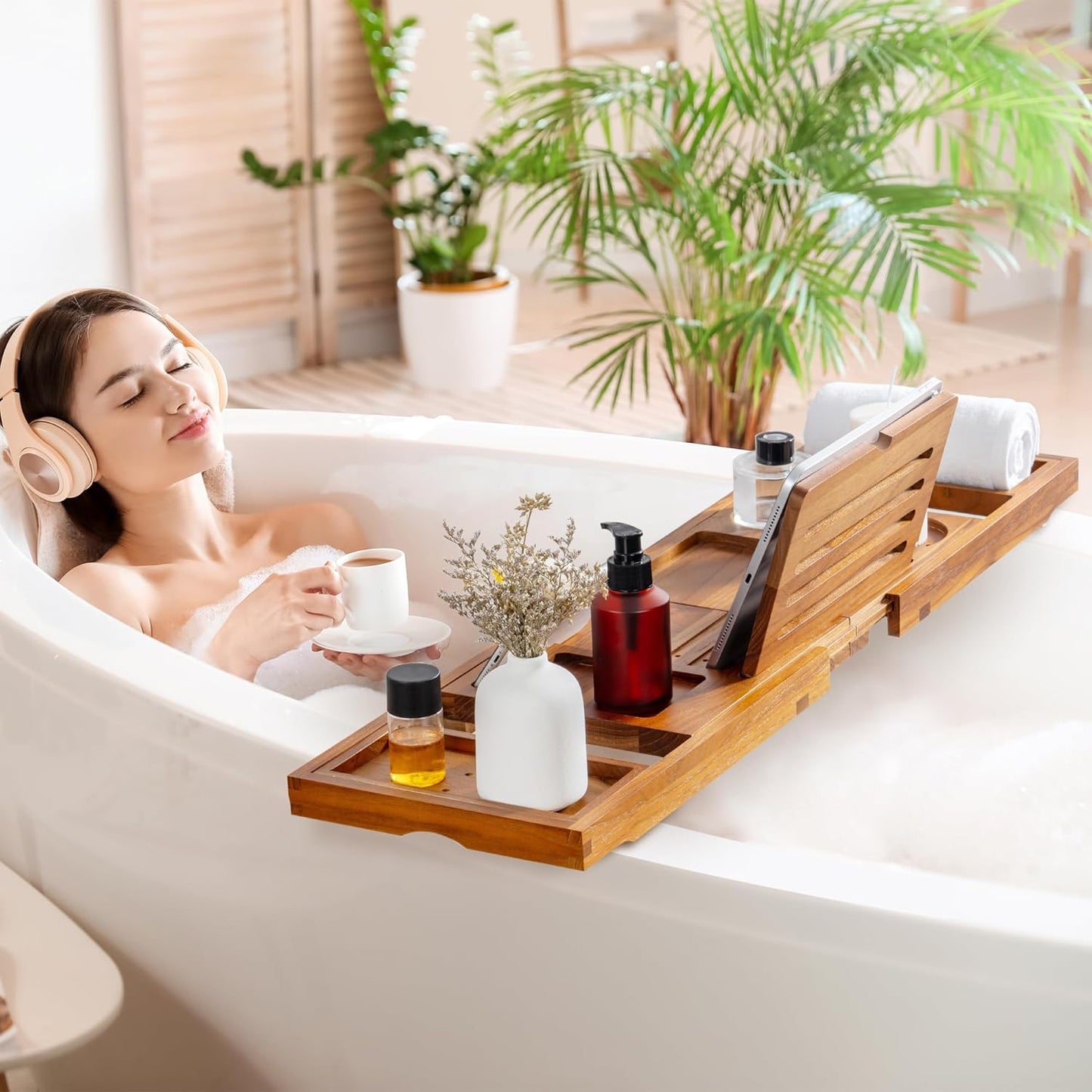 ShelfLoft Luxury Teak Bathtub Tray with Expandable Handle