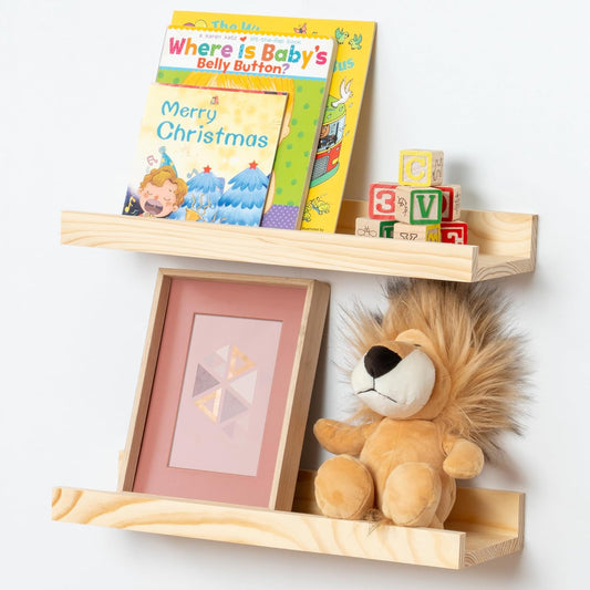 ShelfLoft 5.5"D x 2"H Oak Pine Wood Picture Ledge Shelf Nursery Bookshelf for Kids' Room, 2 Pack