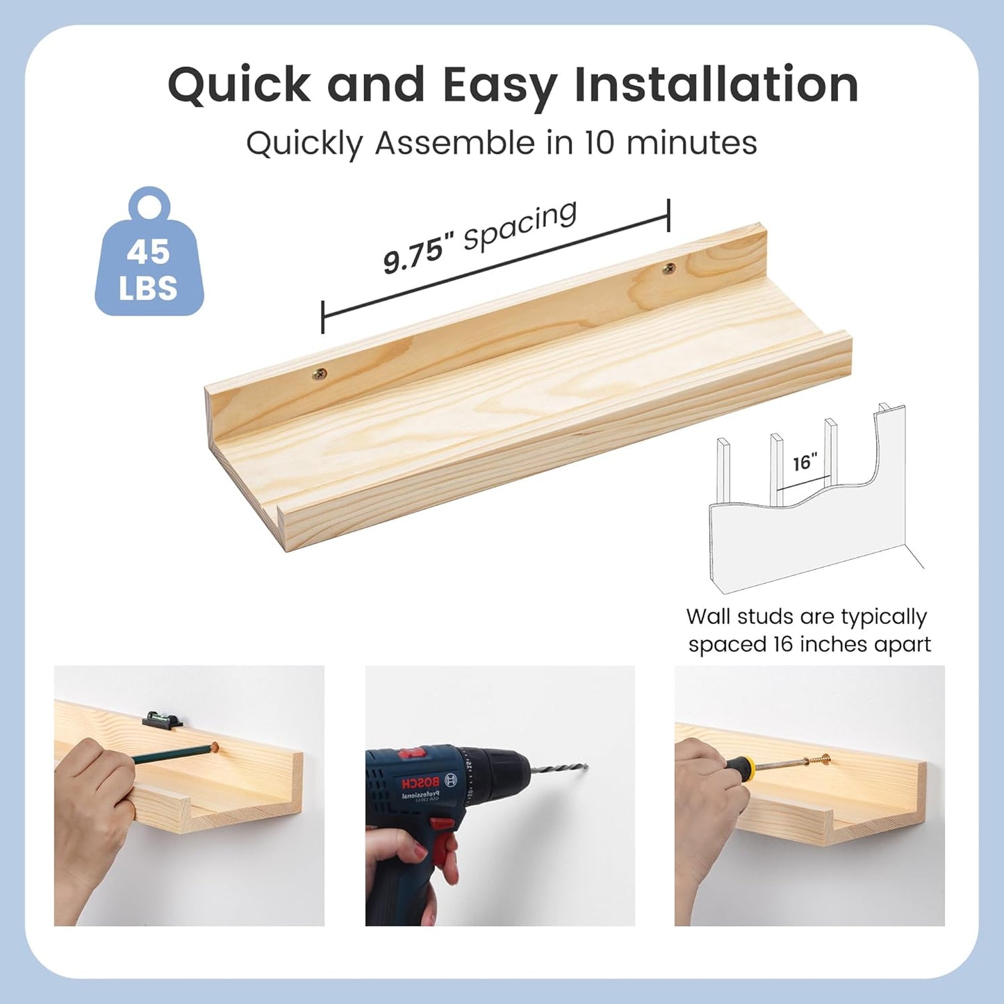 ShelfLoft 5.5"D x 2"H Oak Pine Wood Picture Ledge Shelf Nursery Bookshelf for Kids' Room, 2 Pack