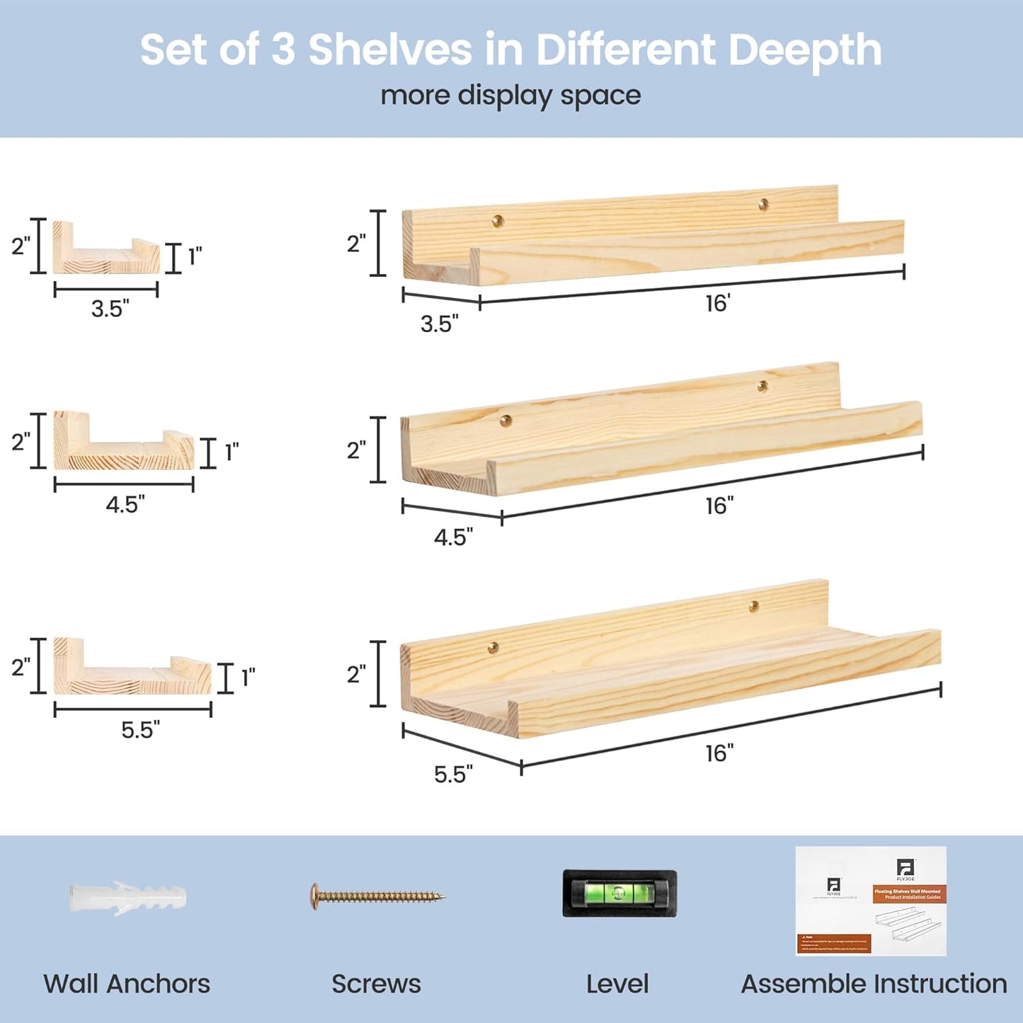 ShelfLoft 5.5"D x 2"H Oak Pine Wood Picture Ledge Shelf Nursery Bookshelf for Kids' Room, 2 Pack