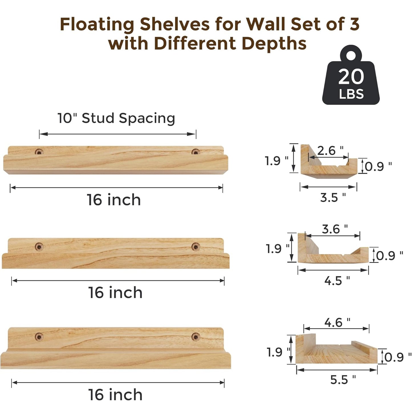 ShelfLoft 16" Wide x 5.5" Deep 20lbs Picture Ledge Shelf Wood Floating Shelves,3 Pack