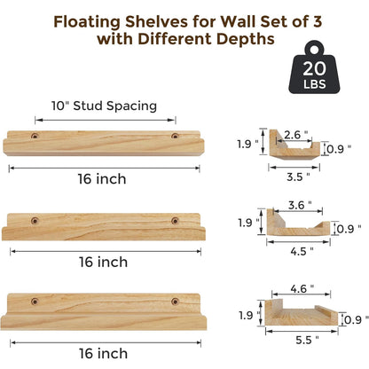 ShelfLoft 16" Wide x 5.5" Deep 20lbs Picture Ledge Shelf Wood Floating Shelves,3 Pack