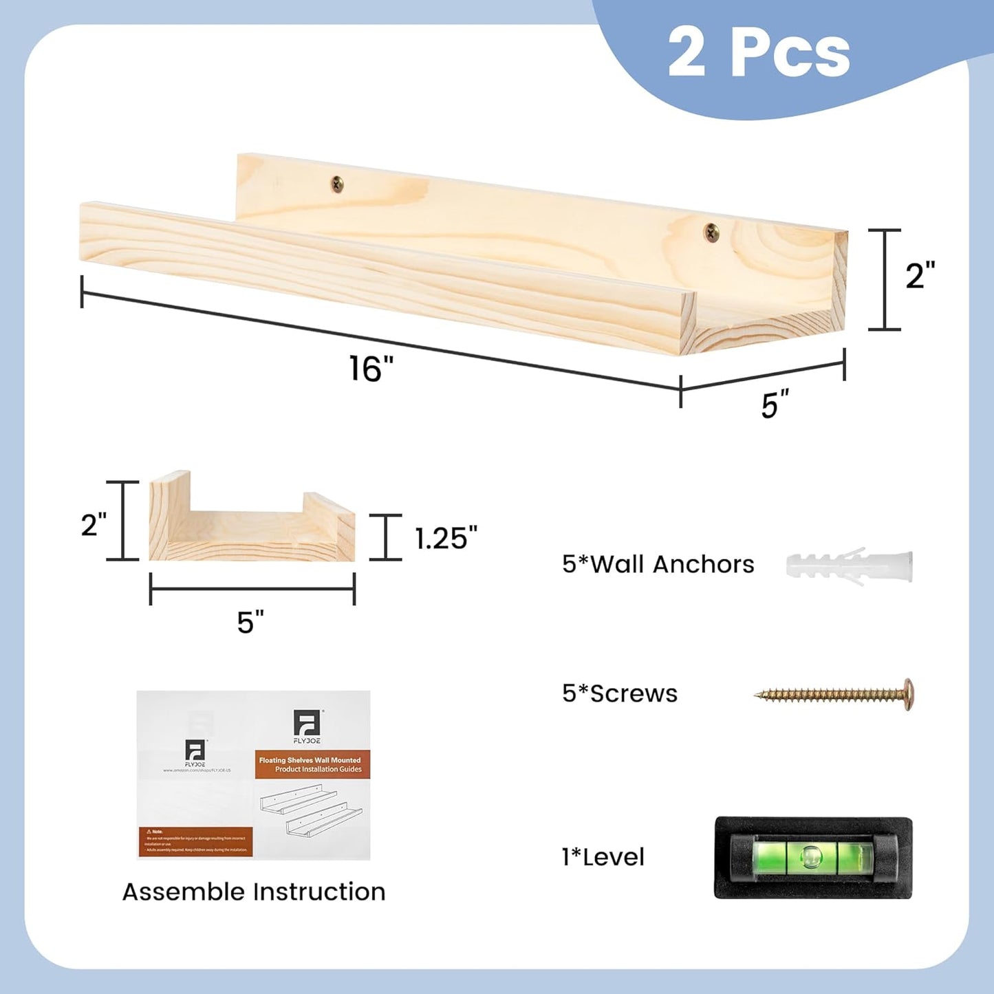 ShelfLoft 16"W x 5"D Natural Pine Wood Picture Ledge Shelf Nursery Bookshelf for Kids' Room, 2 Pack