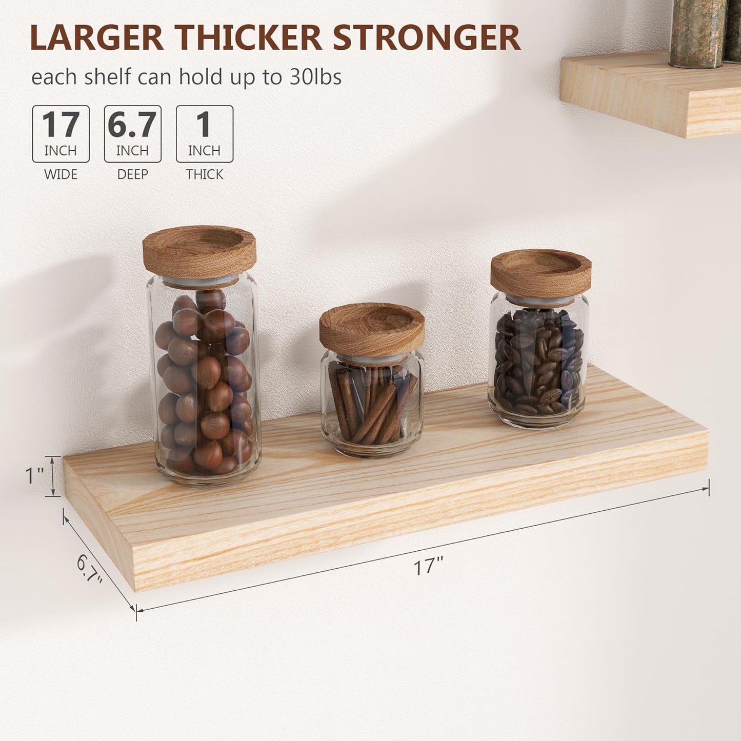 ShelfLoft 6.7"D x 1.4"H Natural Paulownia Wood Wall Display Decor Floating Shelves