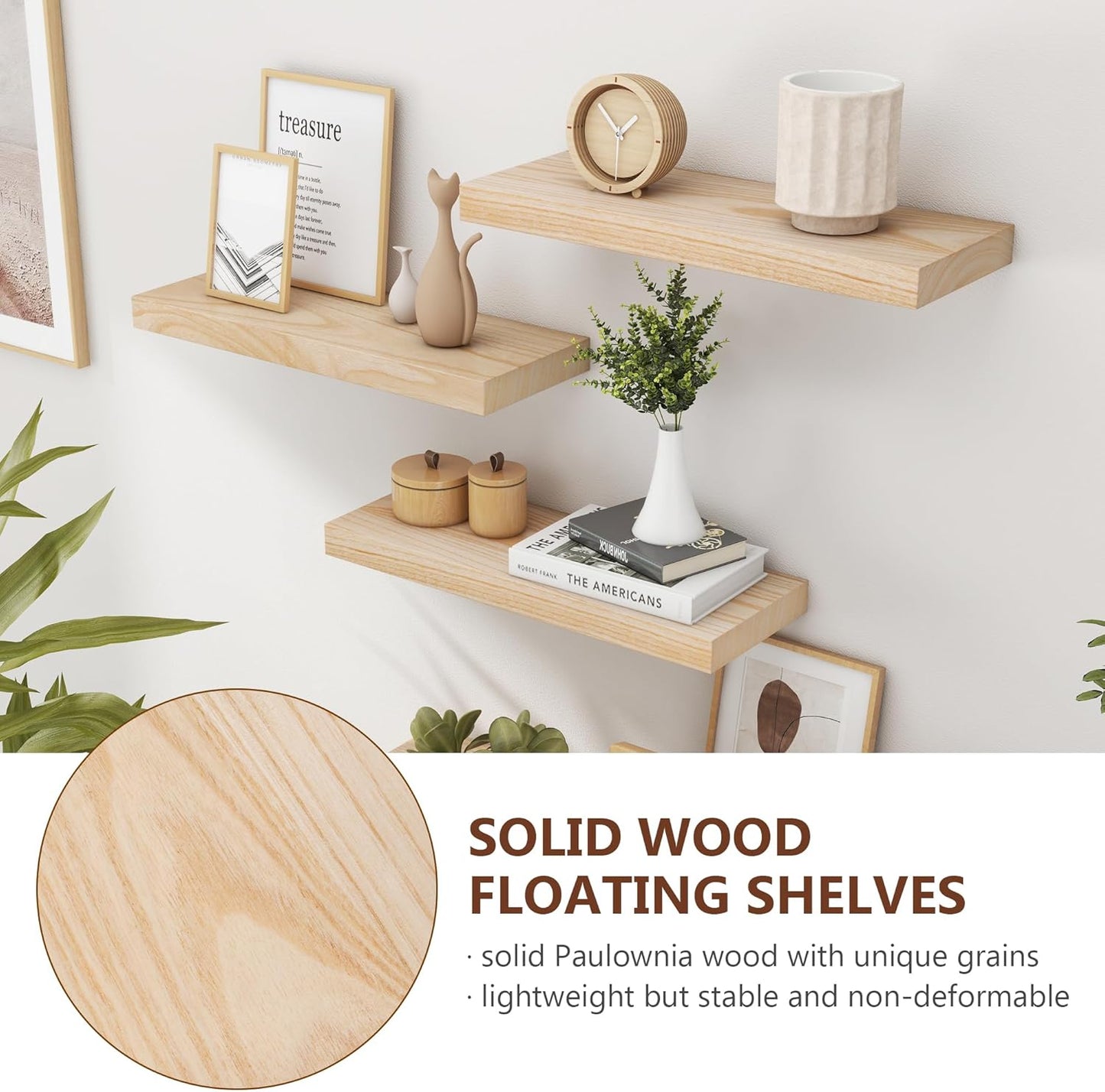 ShelfLoft 6.7"D x 1.4"H Natural Paulownia Wood Wall Display Decor Floating Shelves
