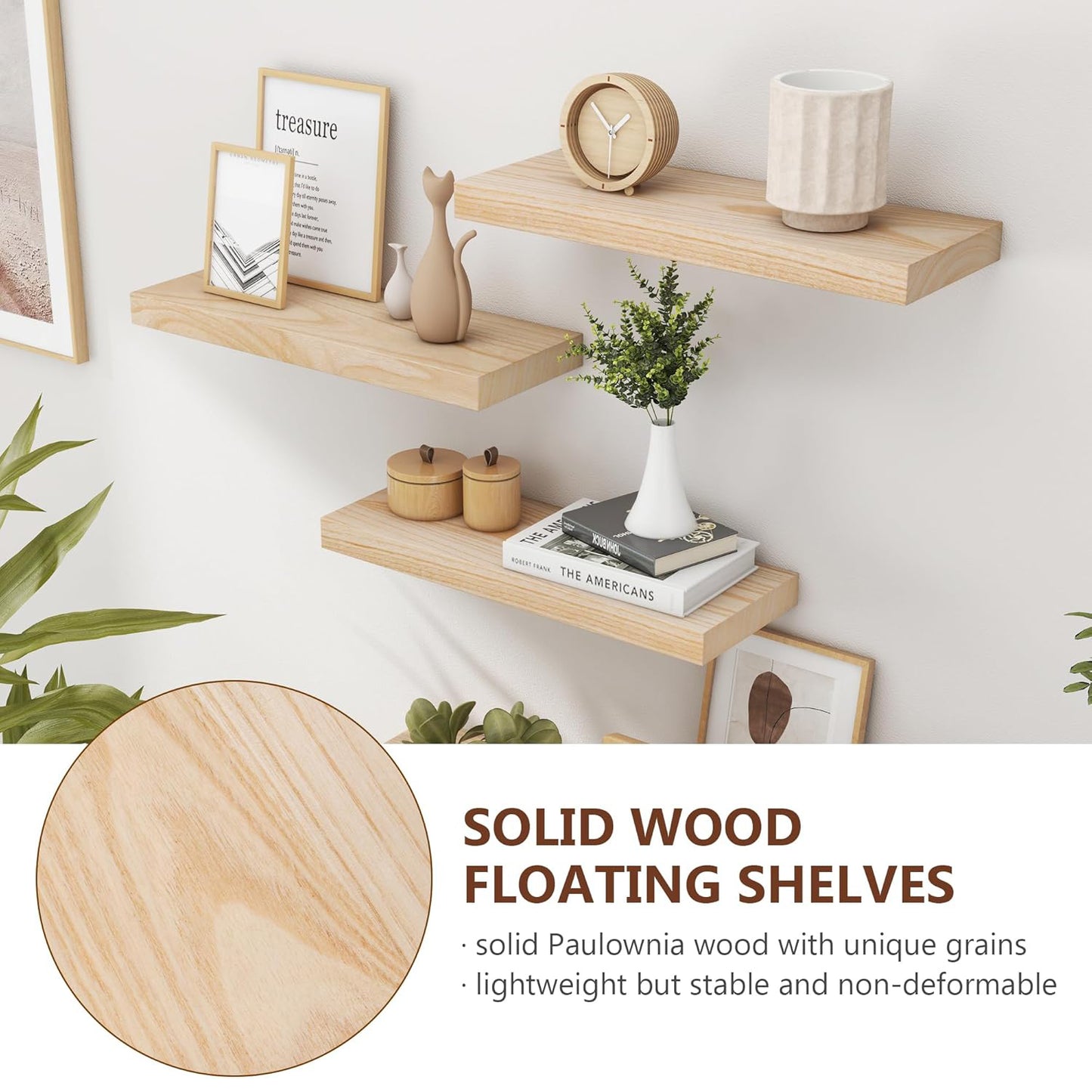 ShelfLoft 17"W x 6.7"D Paulownia Wood Wall Display Decor Floating Shelves,Natural-3 Pack