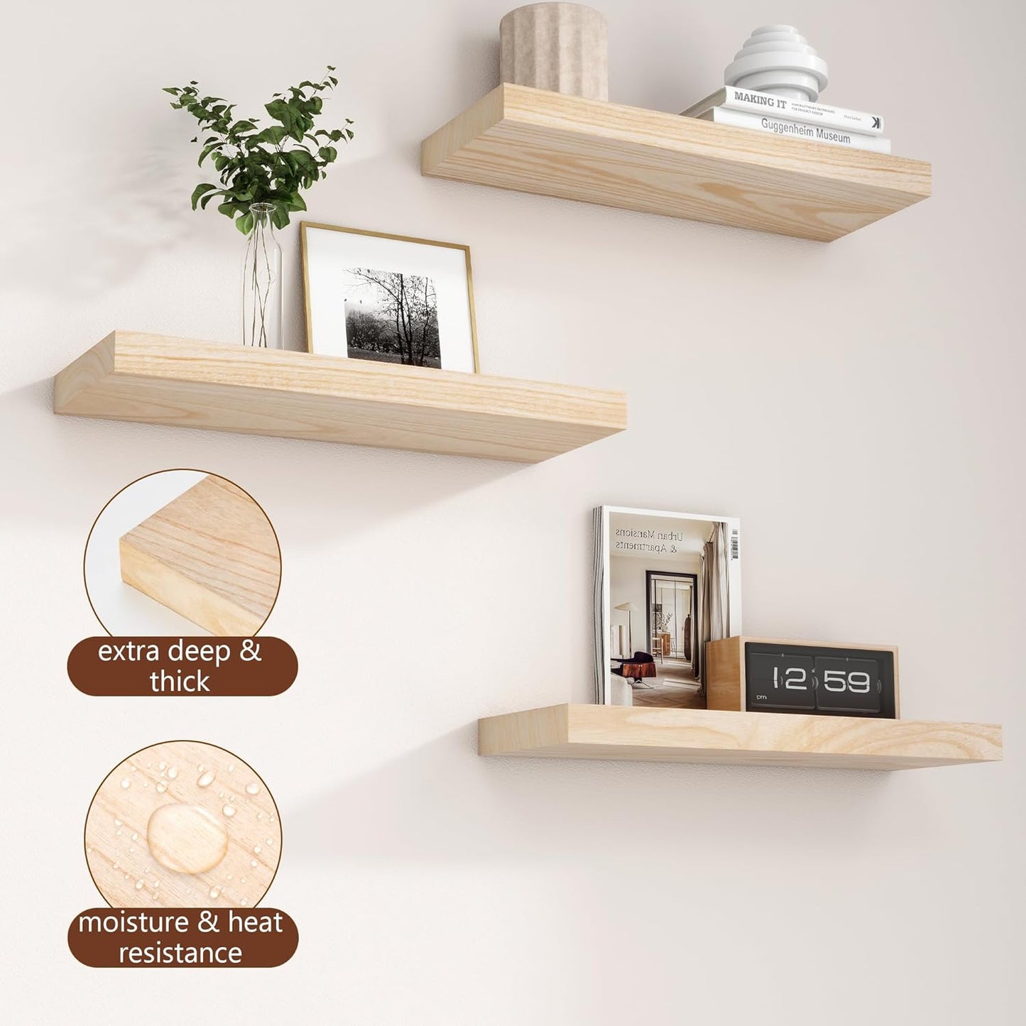 ShelfLoft 17"W x 6.7"D Paulownia Wood Wall Display Decor Floating Shelves,Natural-3 Pack