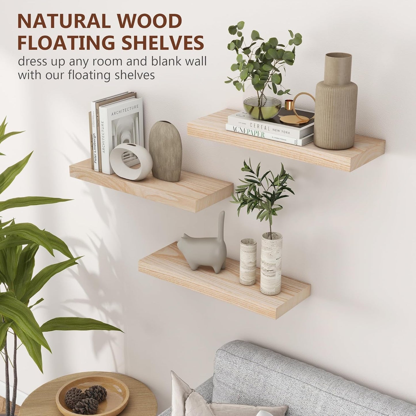 ShelfLoft 6.7"D x 1.4"H Natural Paulownia Wood Wall Display Decor Floating Shelves