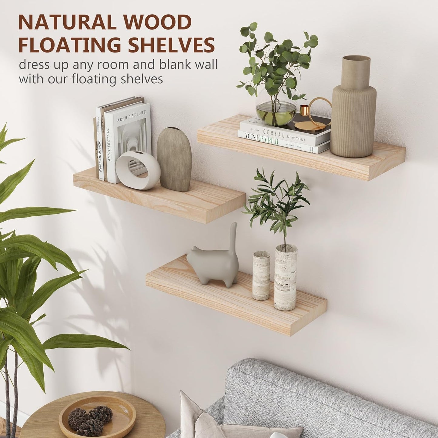 ShelfLoft 17"W x 6.7"D Paulownia Wood Wall Display Decor Floating Shelves,Natural-3 Pack