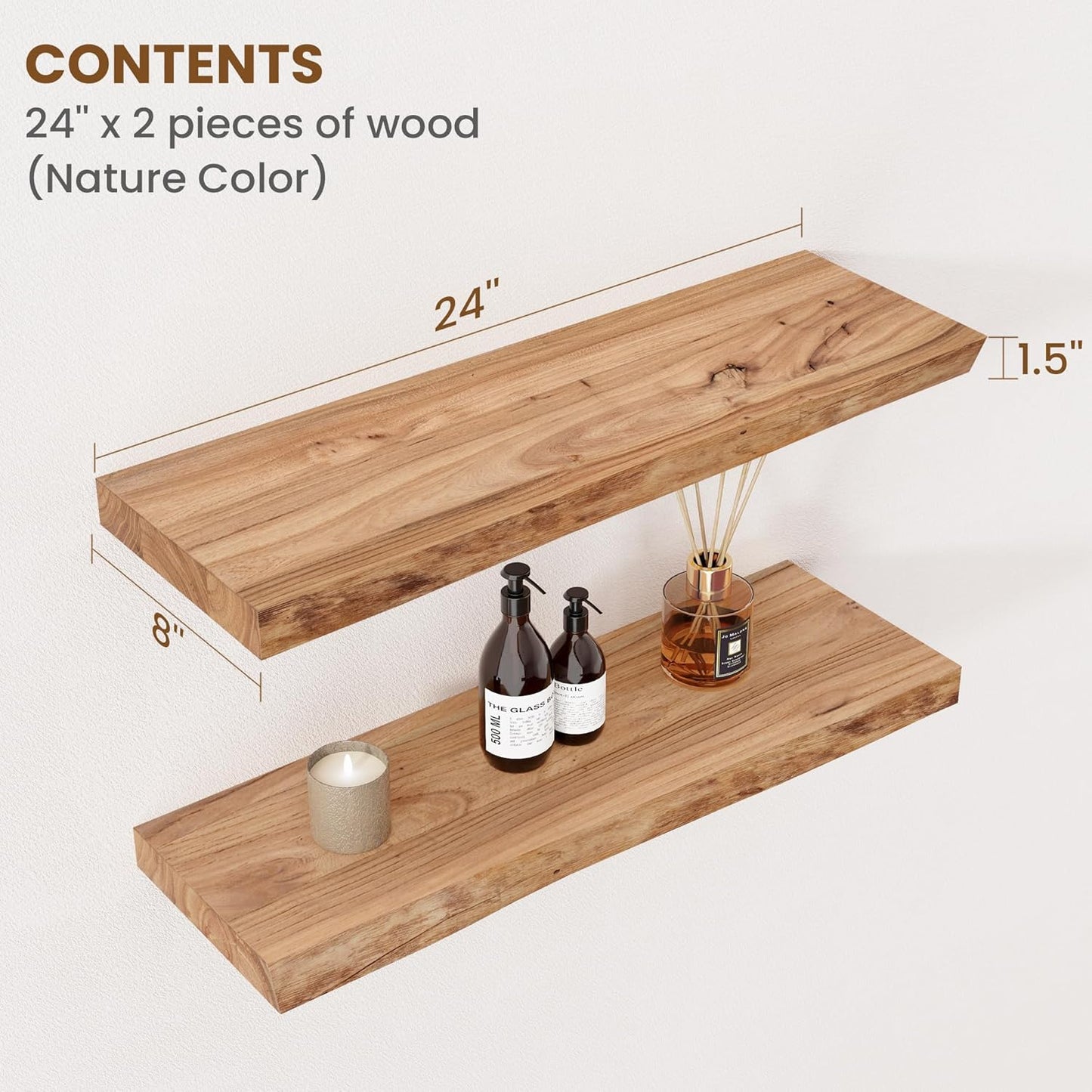 ShelfLoft 24" Wide x 8" Deep 45lbs Solid Elm Wood Floating Shelves, 2 Pack