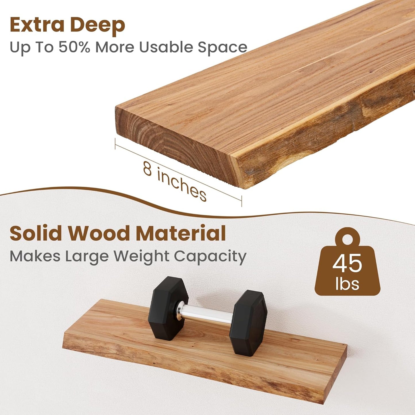 ShelfLoft 24"W x 8"D 45lbs Natural Solid Elm Wood Floating Shelves,2 Pack