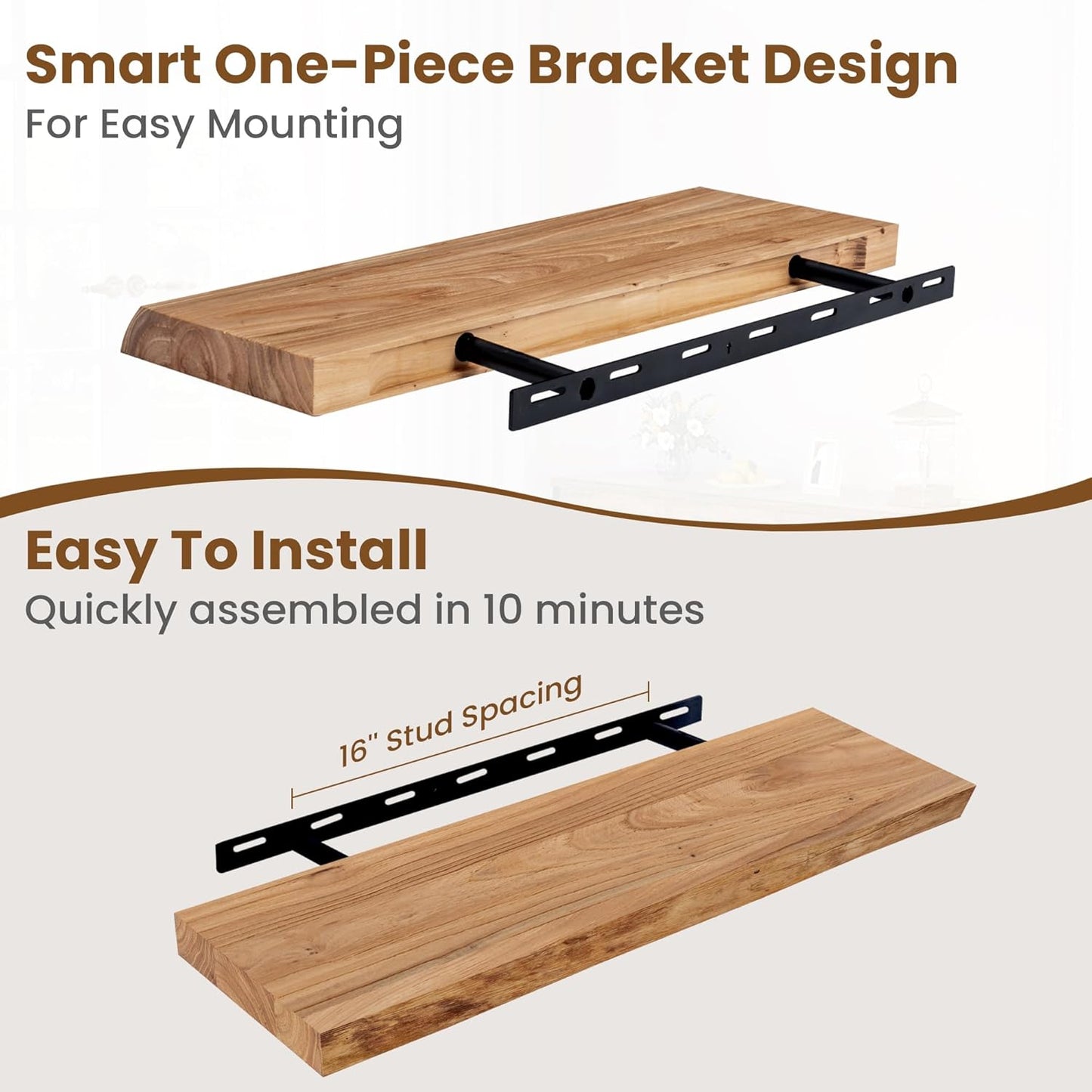 ShelfLoft 24" Wide x 8" Deep 45lbs Solid Elm Wood Floating Shelves, 2 Pack