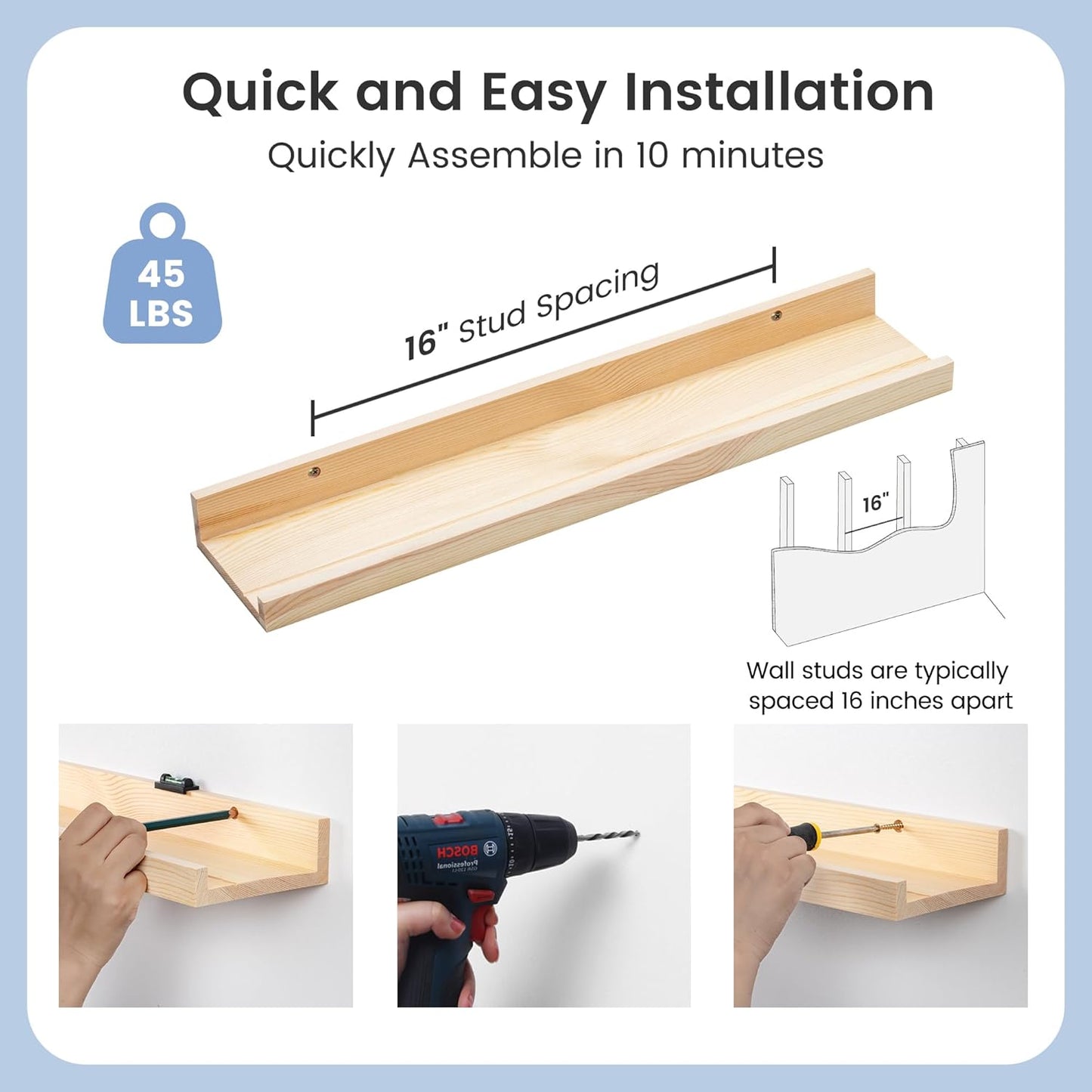 ShelfLoft 24"W x 5"D Natural Pine Wood Picture Ledge Shelf Nursery Bookshelf for Kids' Room, 2 Pack