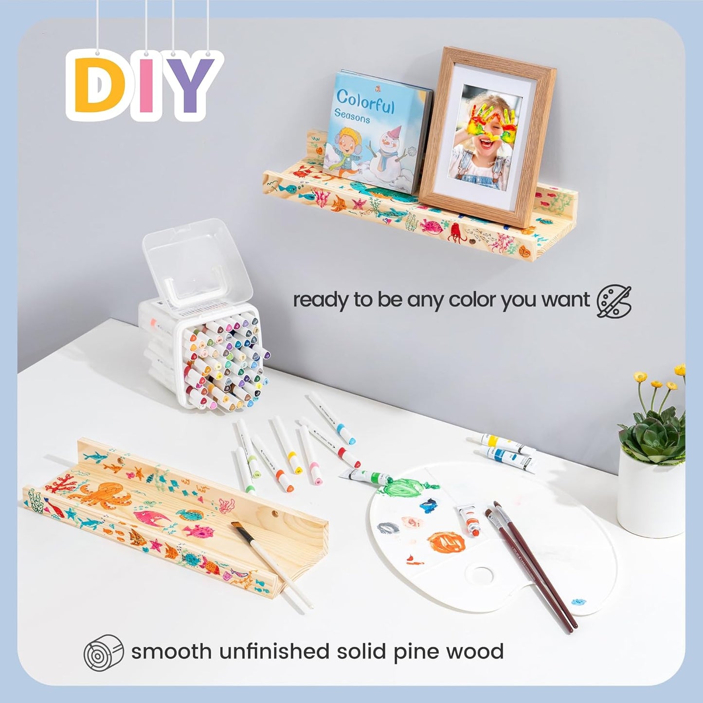 ShelfLoft 24"W x 5"D Natural Pine Wood Picture Ledge Shelf Nursery Bookshelf for Kids' Room, 2 Pack