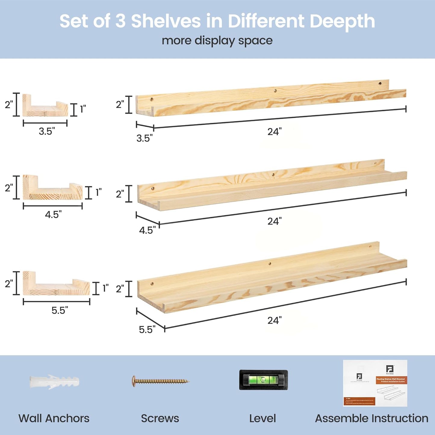 ShelfLoft 5.5"D x 2"H Oak Pine Wood Picture Ledge Shelf Nursery Bookshelf for Kids' Room, 2 Pack
