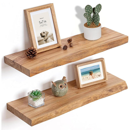 ShelfLoft 24" Wide x 9.3" Deep Live Edge Reclaimed Old Elm Wood Floating Shelves,2 Pack