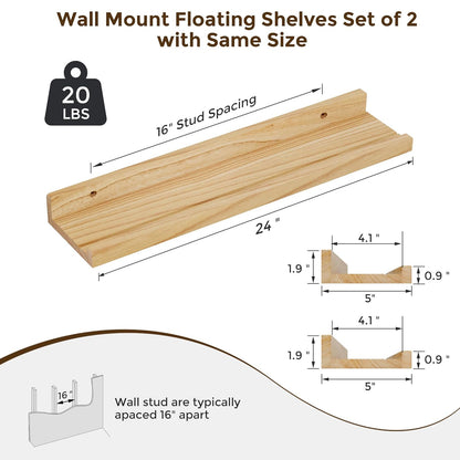 ShelfLoft 5.5"D x 1.9"H Natural 60lbs Picture Ledge Shelf Wood Floating Shelves