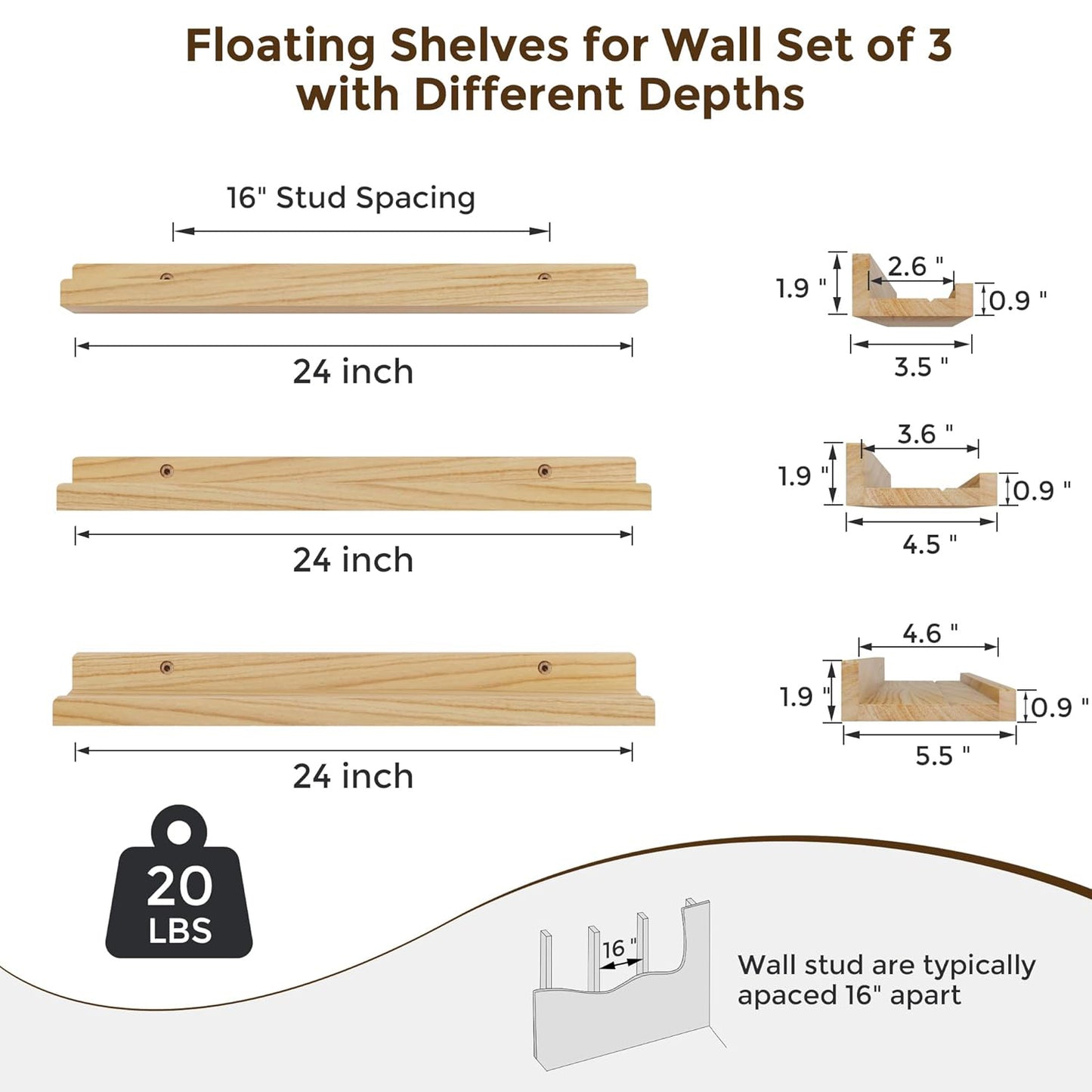 ShelfLoft 5.5"D x 1.9"H Natural 60lbs Picture Ledge Shelf Wood Floating Shelves