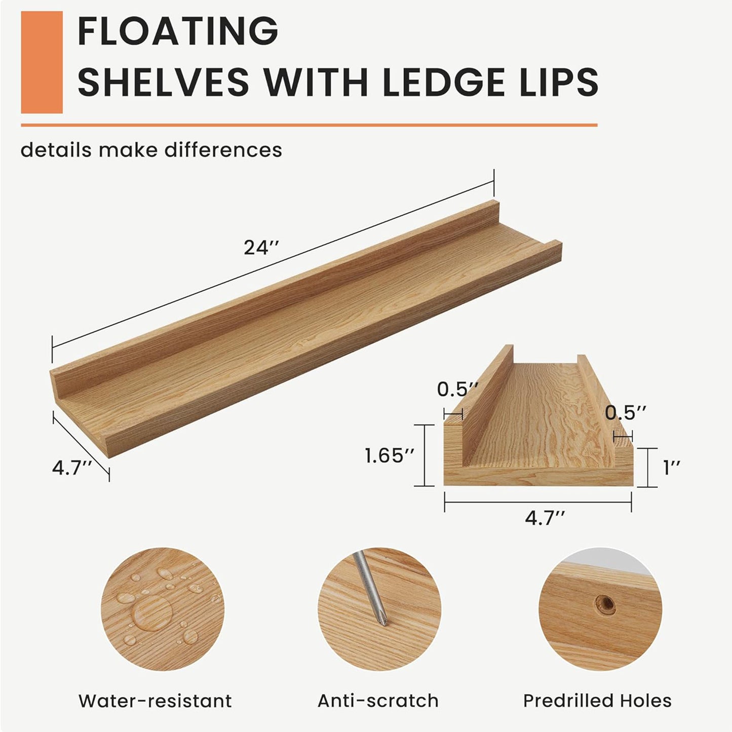 ShelfLoft 4.7"D x 1.65"H Natural Solid Ash Wood Picture Ledge Floating Shelves, Set of 2