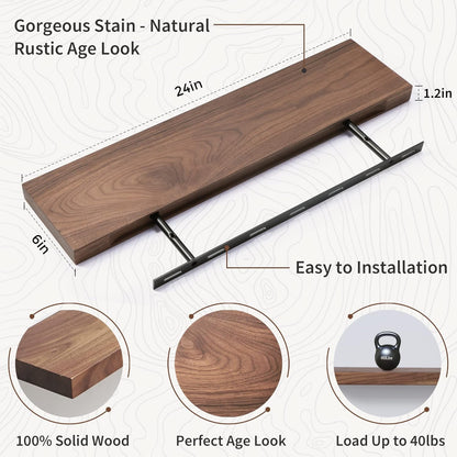 ShelfLoft 8 Inch Deep Solid Walnut Wood Floating Shelves, Set of 2