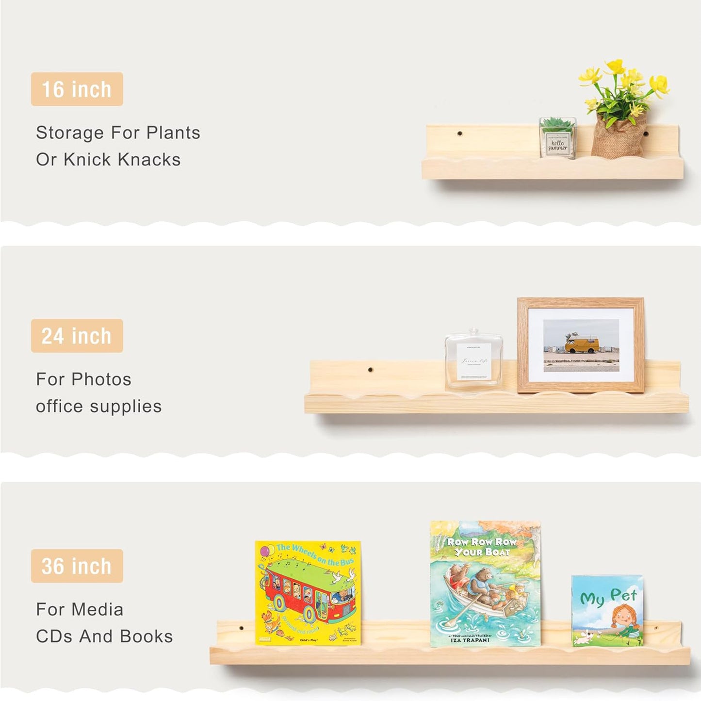 ShelfLoft 5 Inch Deep Picture Ledge Shelf Pine Wood Nursery Book Shelves for Kids Room