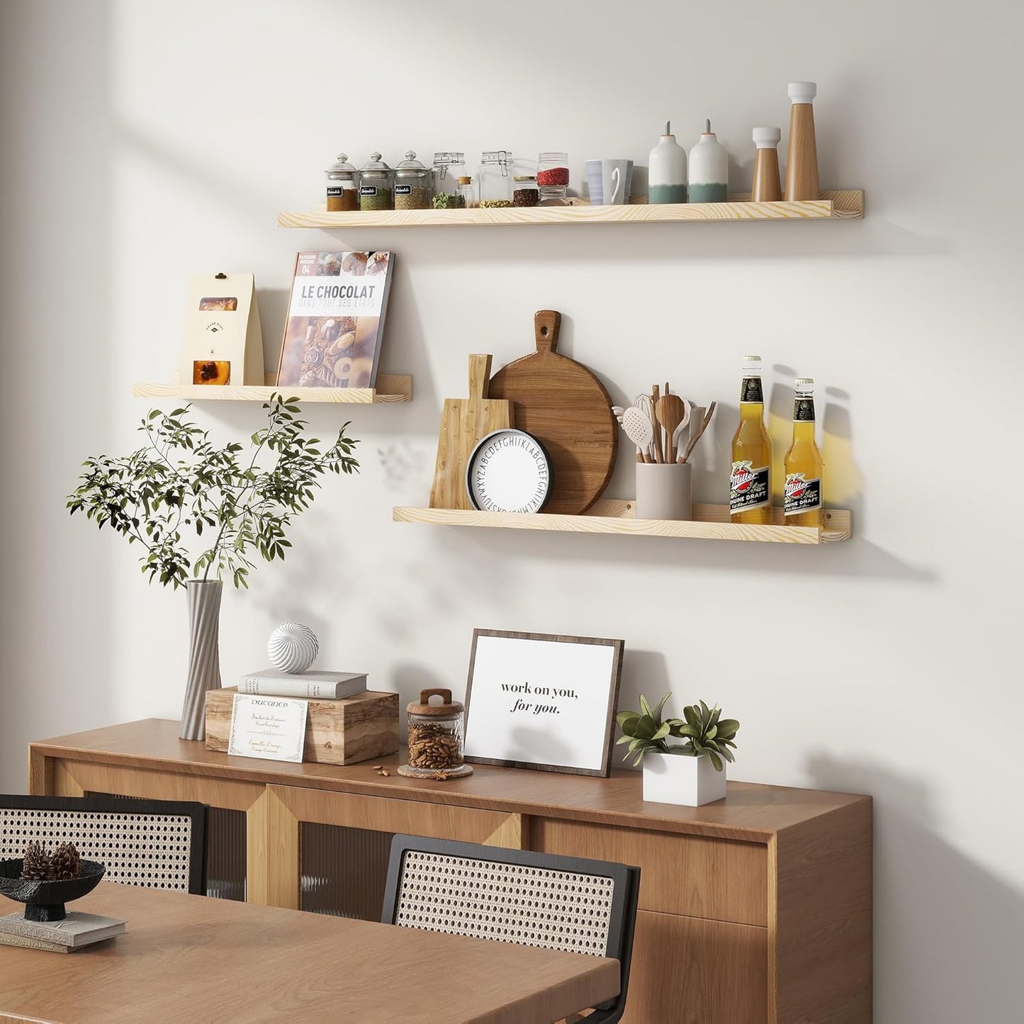 ShelfLoft 24"W x 5.5"D Natural Pine Wood Picture Ledge Shelf Nursery Bookshelf for Kids' Room, 3 Pack