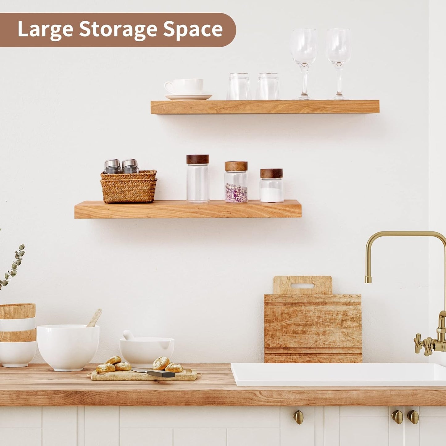 ShelfLoft 24"W x 8"D Rustic Solid Elm Wood Wall Shelves for Storage, Natural-2 Pack