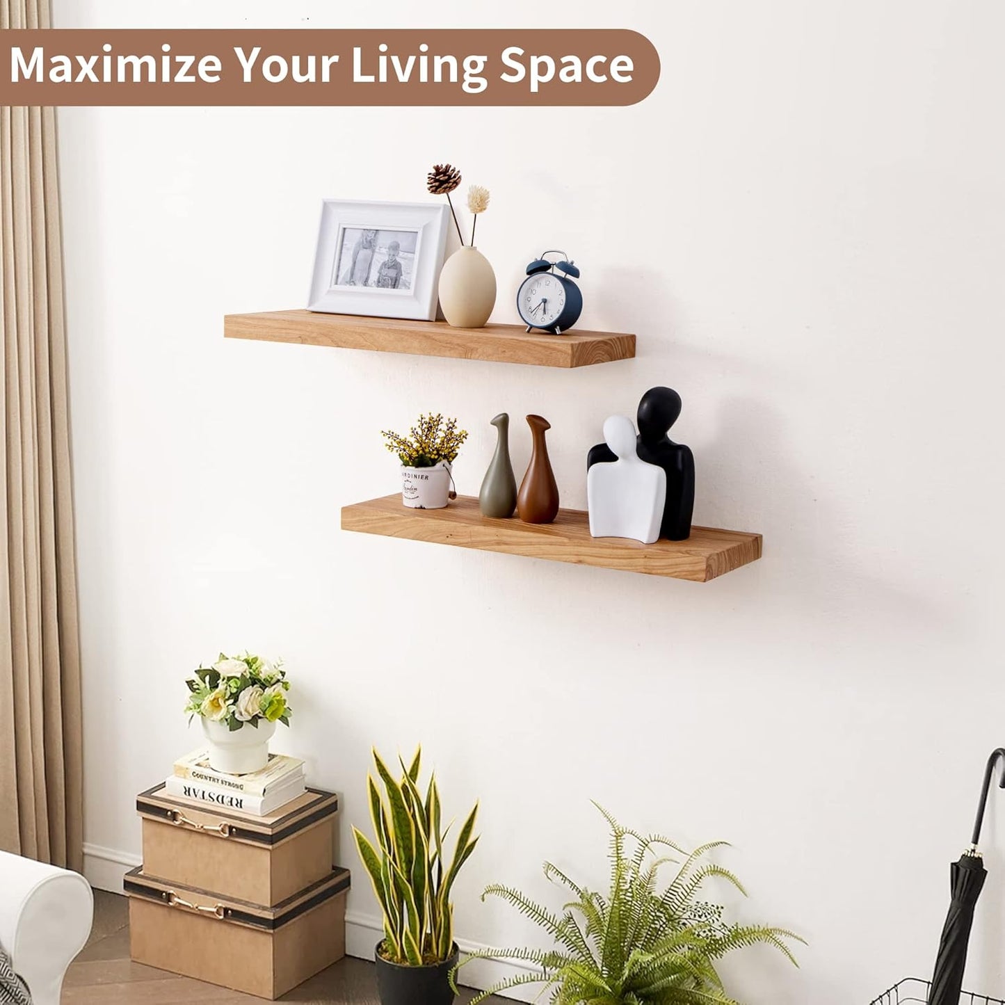 ShelfLoft 24"W x 8"D Rustic Solid Elm Wood Wall Shelves for Storage, Natural-2 Pack