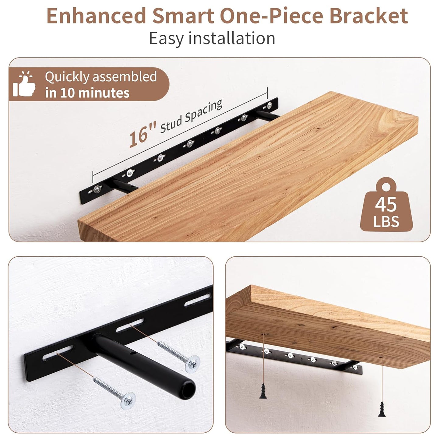 ShelfLoft 8"D x 1.5"H Rustic Natural Solid Elm Wood Wall Shelves for Storage