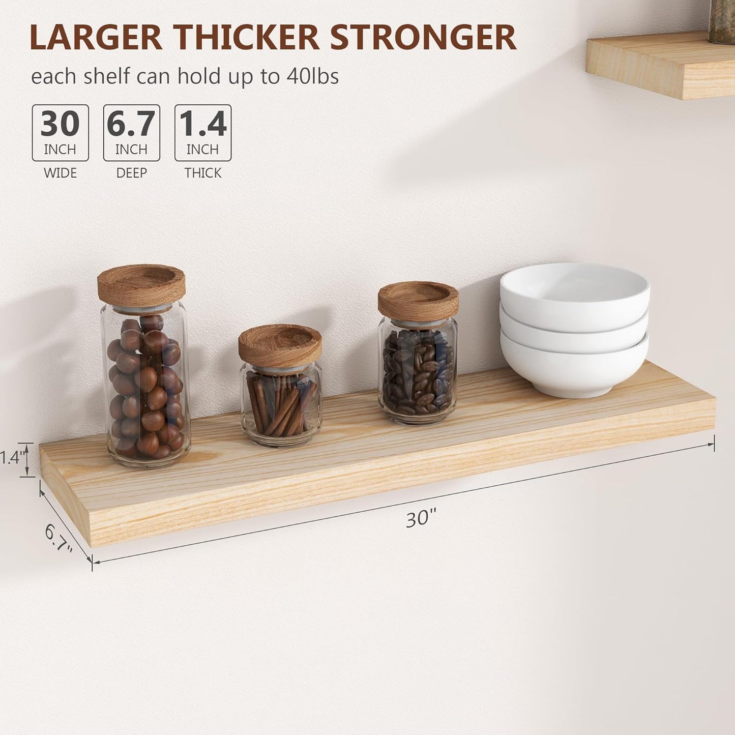 ShelfLoft 6.7"D x 1.4"H Natural Paulownia Wood Wall Display Decor Floating Shelves