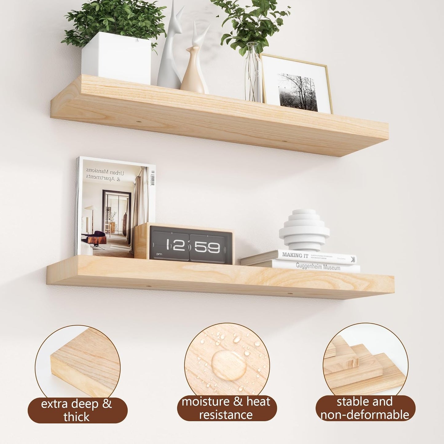 ShelfLoft 30"W x 6.7"D Paulownia Wood Wall Display Decor Floating Shelves,Natural-2 Pack