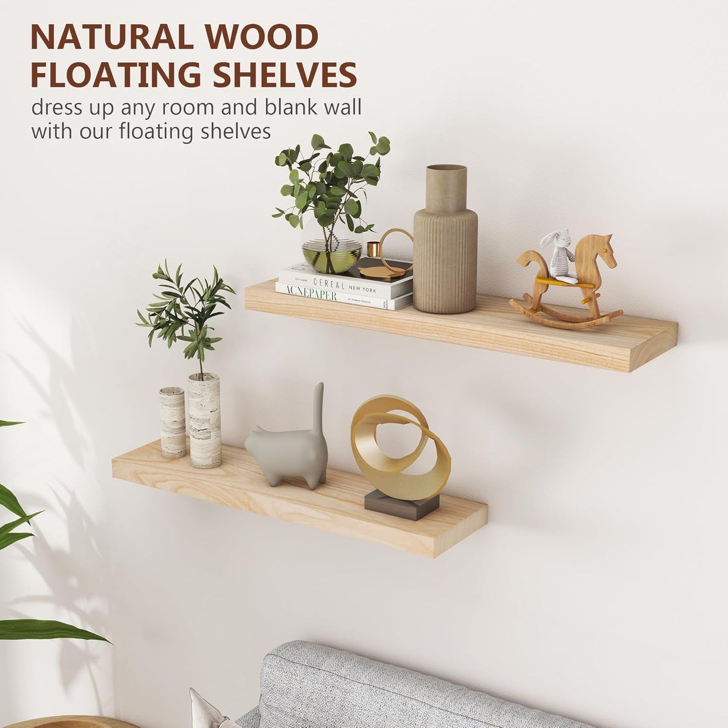 ShelfLoft 30"W x 6.7"D Paulownia Wood Wall Display Decor Floating Shelves,Natural-2 Pack