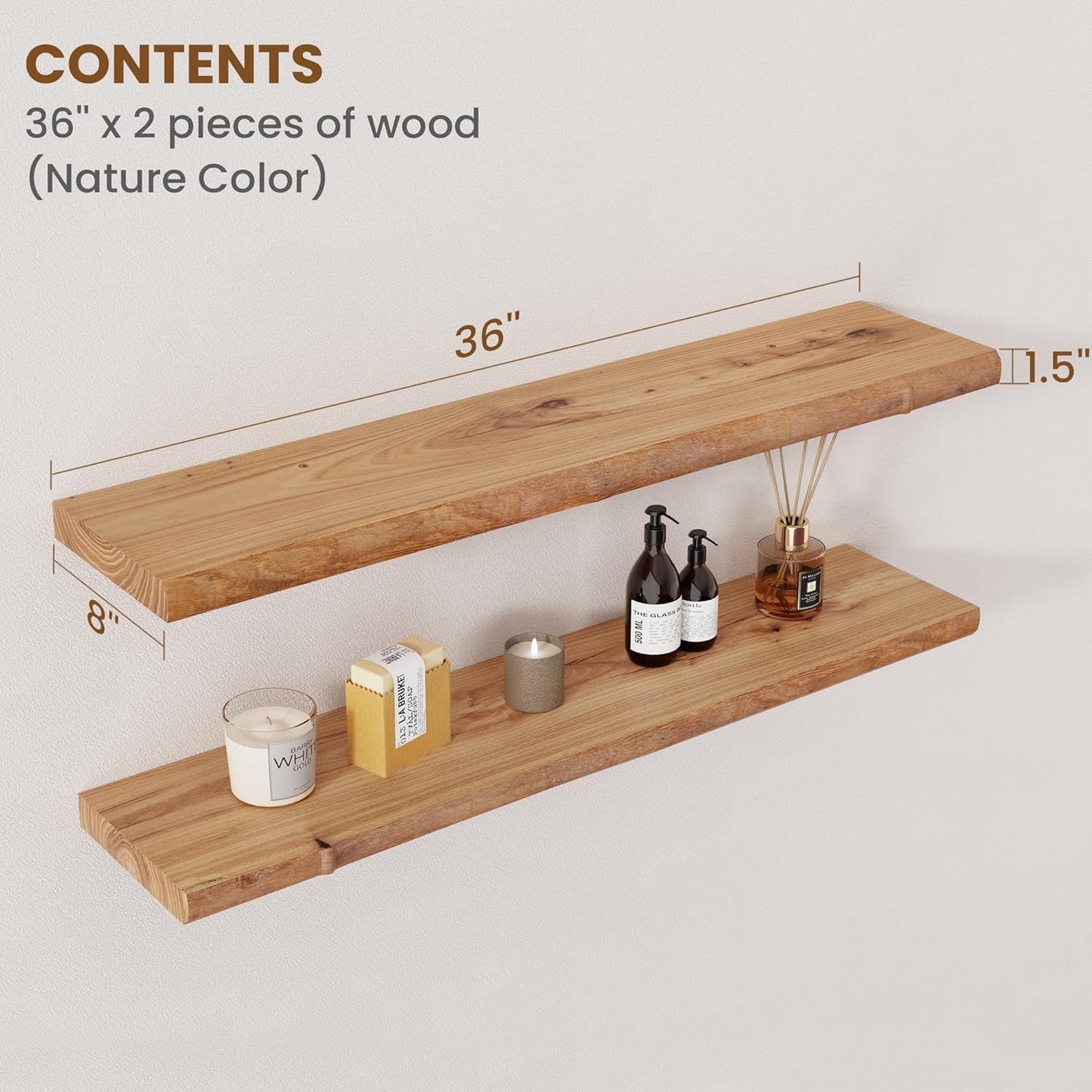 ShelfLoft 8"D x 1.5"H 60lbs Natural Solid Elm Wood Floating Shelves