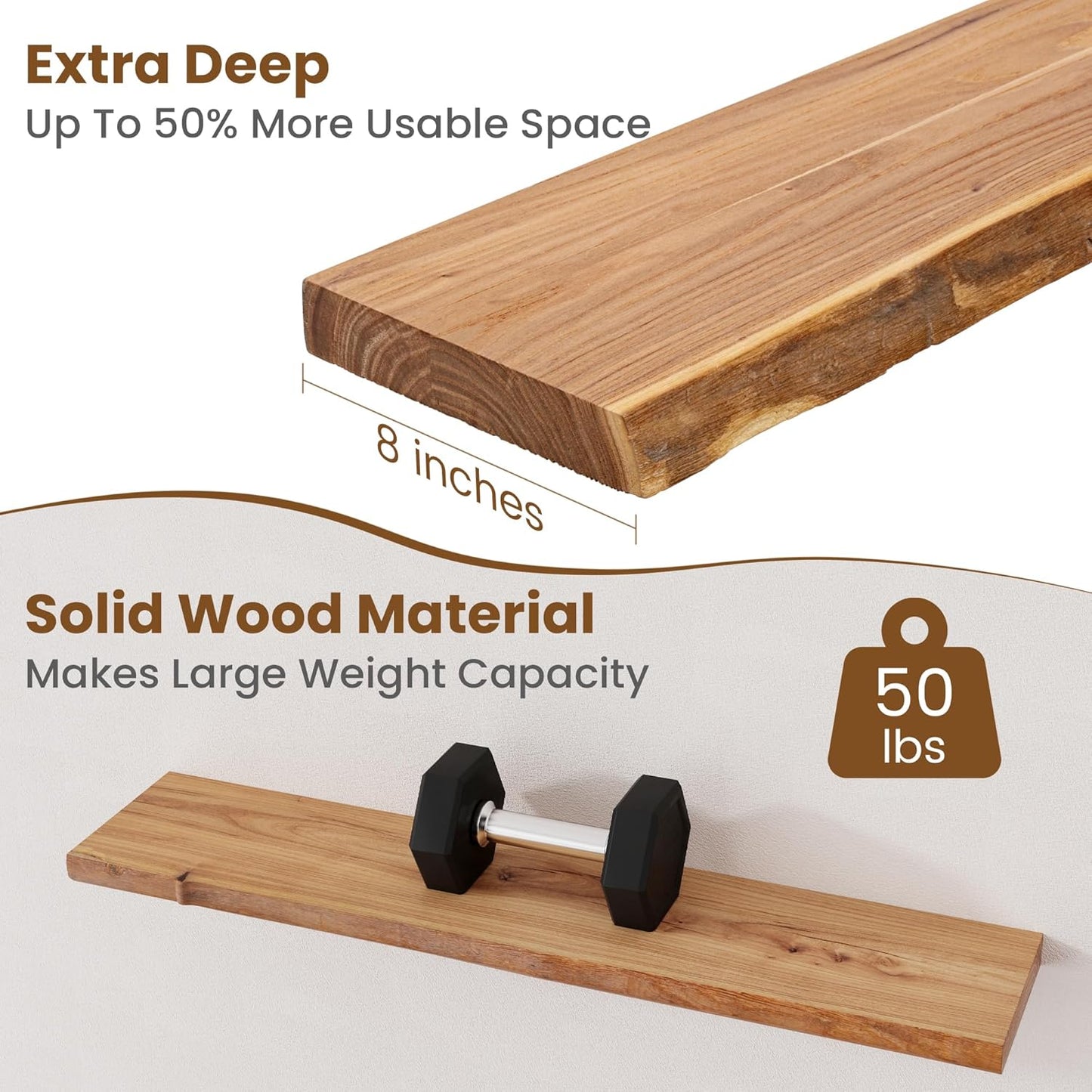 ShelfLoft 36" Wide x 8" Deep 50lbs Solid Elm Wood Floating Shelves,2 Pack