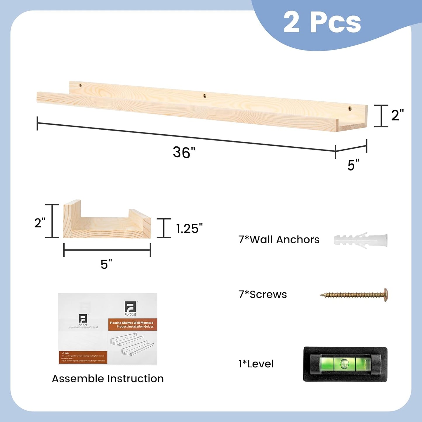 ShelfLoft 36" Wide x 5" Deep Pine Wood Picture Ledge Shelf Wall Shelves with Lip, 2 Pack