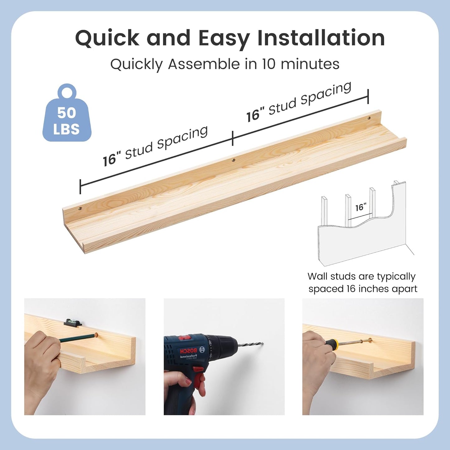 ShelfLoft 36" Wide x 5" Deep Pine Wood Picture Ledge Shelf Wall Shelves with Lip, 2 Pack