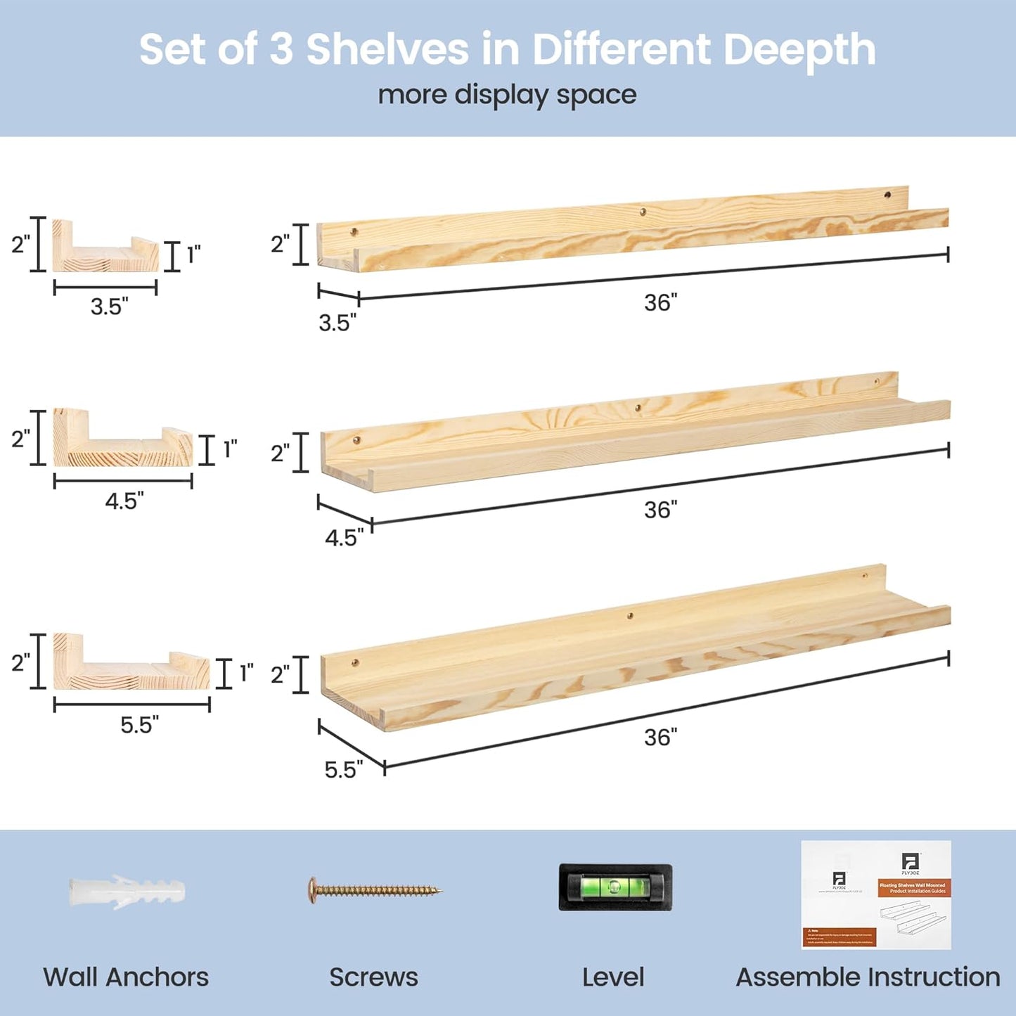 ShelfLoft 5.5"D x 2"H Oak Pine Wood Picture Ledge Shelf Nursery Bookshelf for Kids' Room, 2 Pack