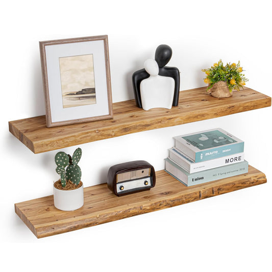 ShelfLoft 36" Wide x 9.3" Deep Live Edge Reclaimed Old Elm Wood Floating Shelves,2 Pack