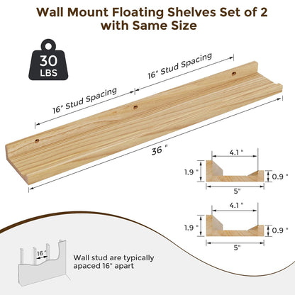 ShelfLoft 36" Wide x 5" Deep 30lbs Picture Ledge Shelf Wood Floating Shelves,2 Pack