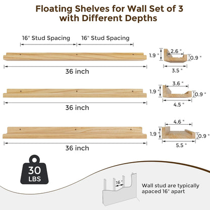 ShelfLoft 36" Wide x 5.5" Deep 30lbs Picture Ledge Shelf Wood Floating Shelves,3 Pack