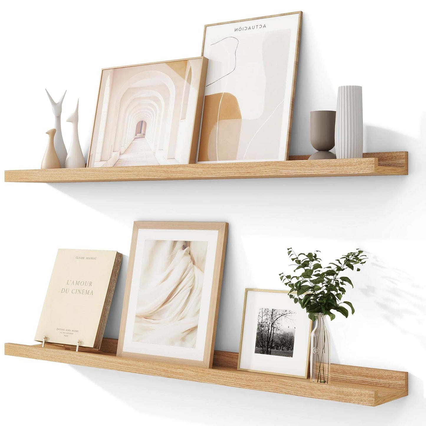 ShelfLoft 4.7"D x 1.65"H Natural Solid Ash Wood Picture Ledge Floating Shelves, Set of 2