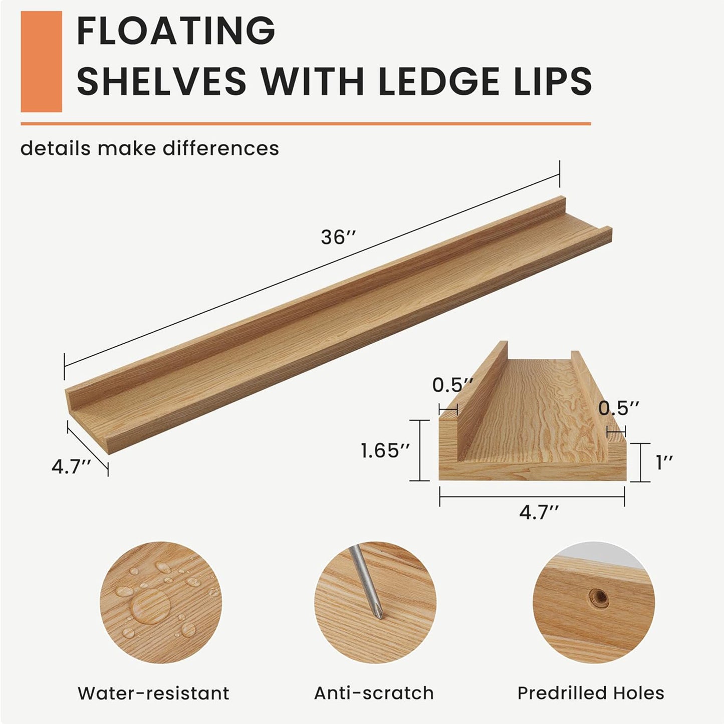 ShelfLoft 4.7"D x 1.65"H Natural Solid Ash Wood Picture Ledge Floating Shelves, Set of 2