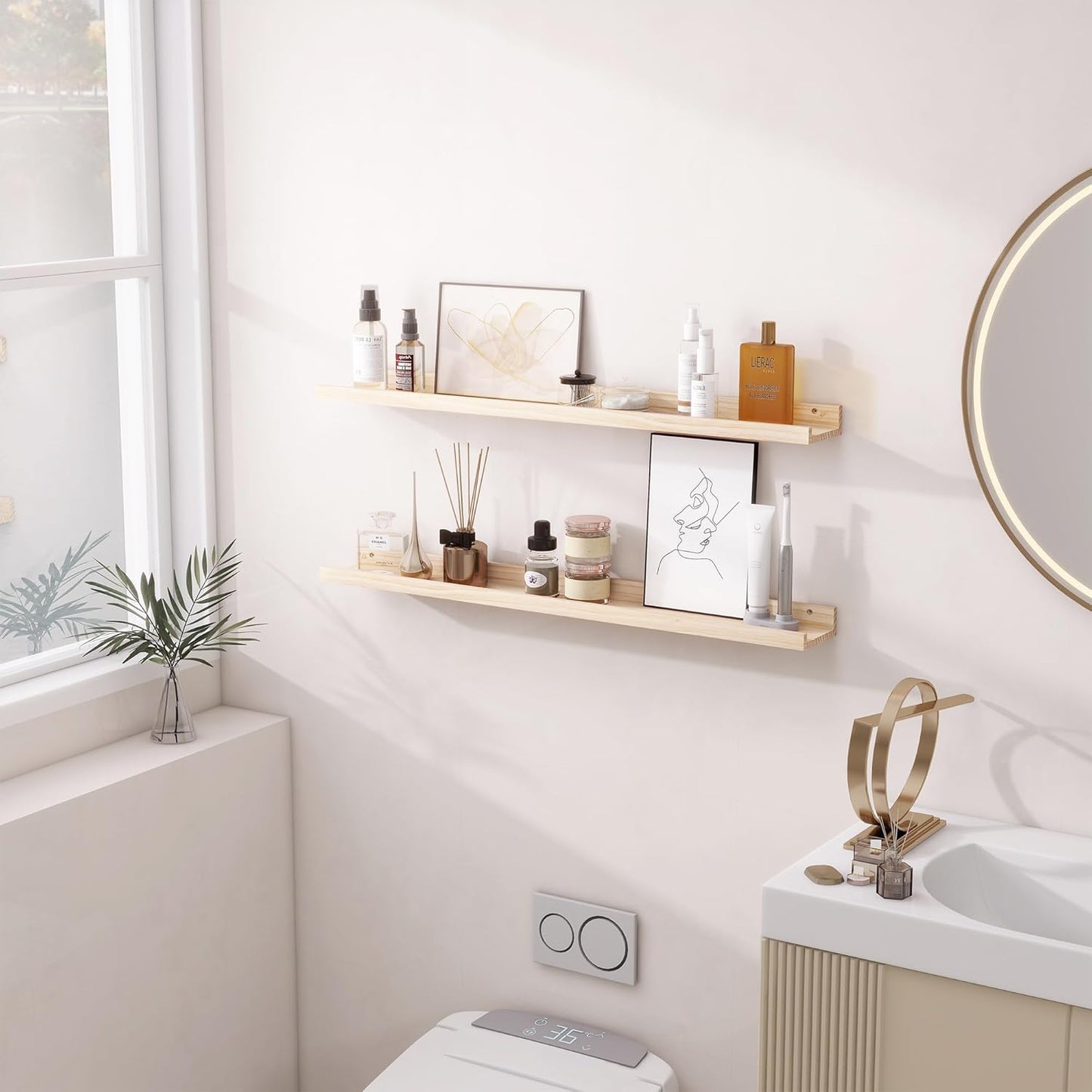 ShelfLoft 5.1 Inch Deep Picture Ledge Shelf Pine Wood Floating Shelves,Set of 2