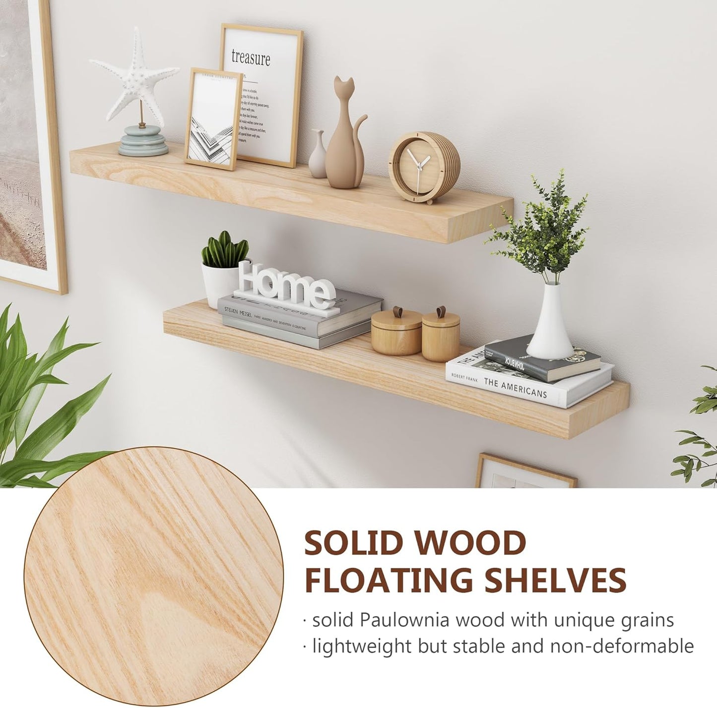 ShelfLoft 24"W x 6.7"D Paulownia Wood Wall Display Decor Floating Shelves,Natural-2 Pack