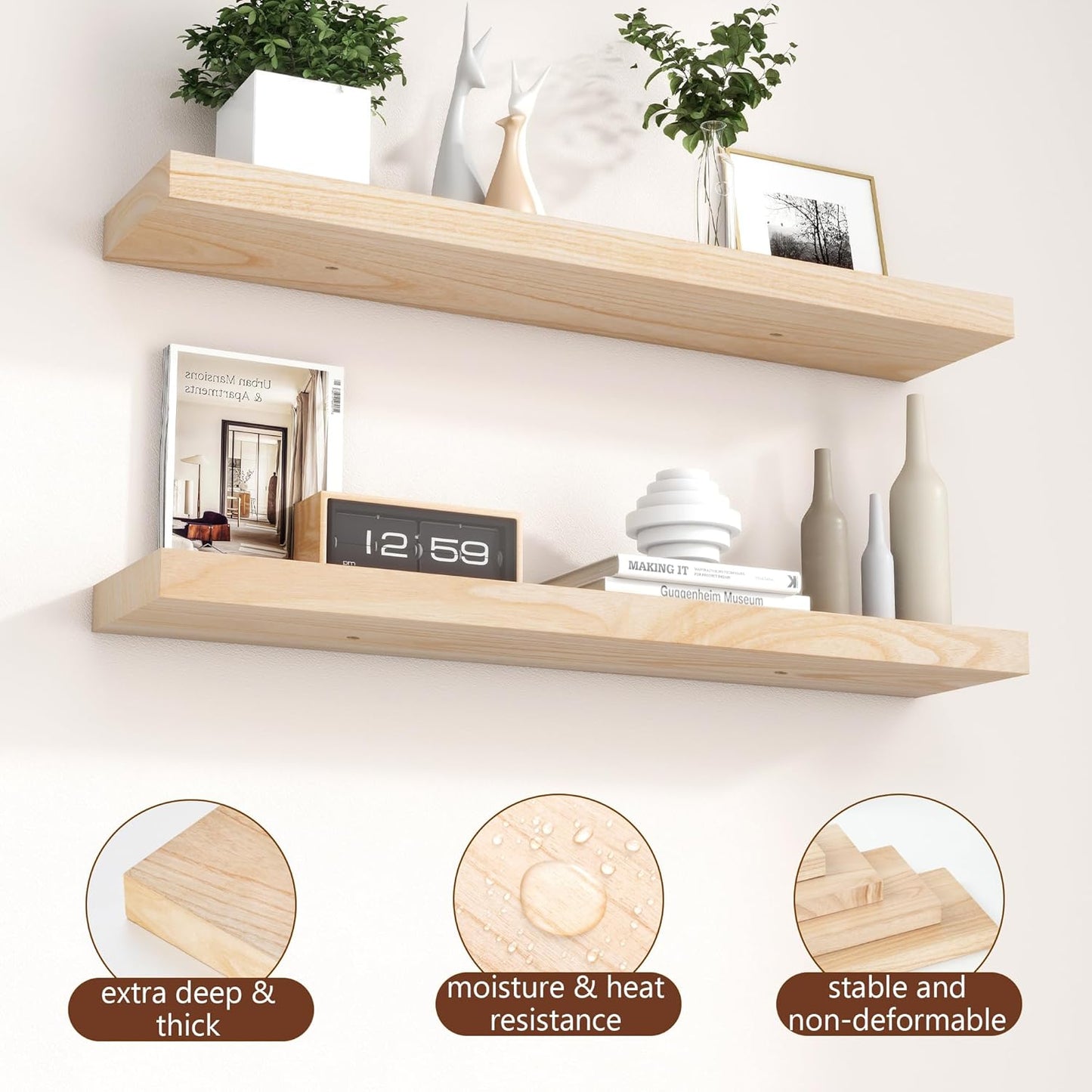 ShelfLoft 6.7"D x 1.4"H Natural Paulownia Wood Wall Display Decor Floating Shelves