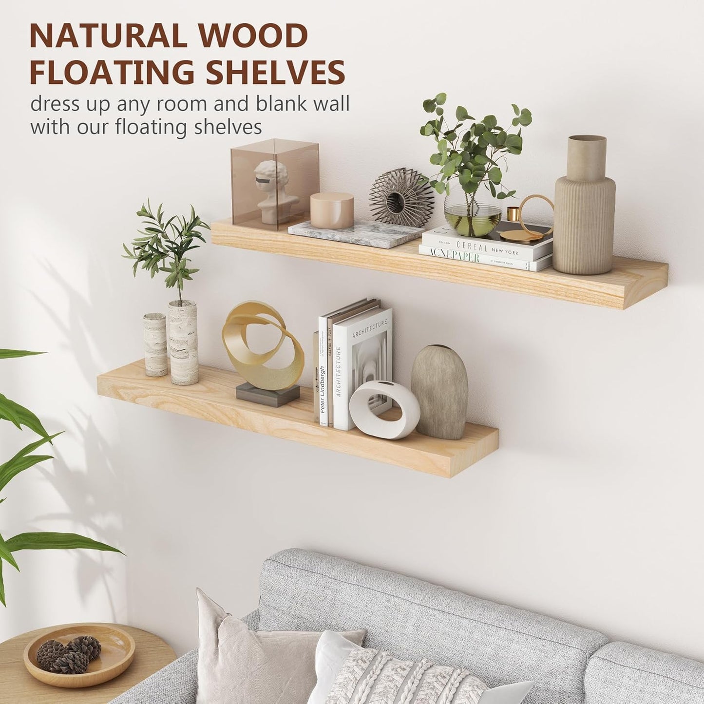 ShelfLoft 36"W x 6.7"D Paulownia Wood Wall Display Decor Floating Shelves,Natural-2 Pack