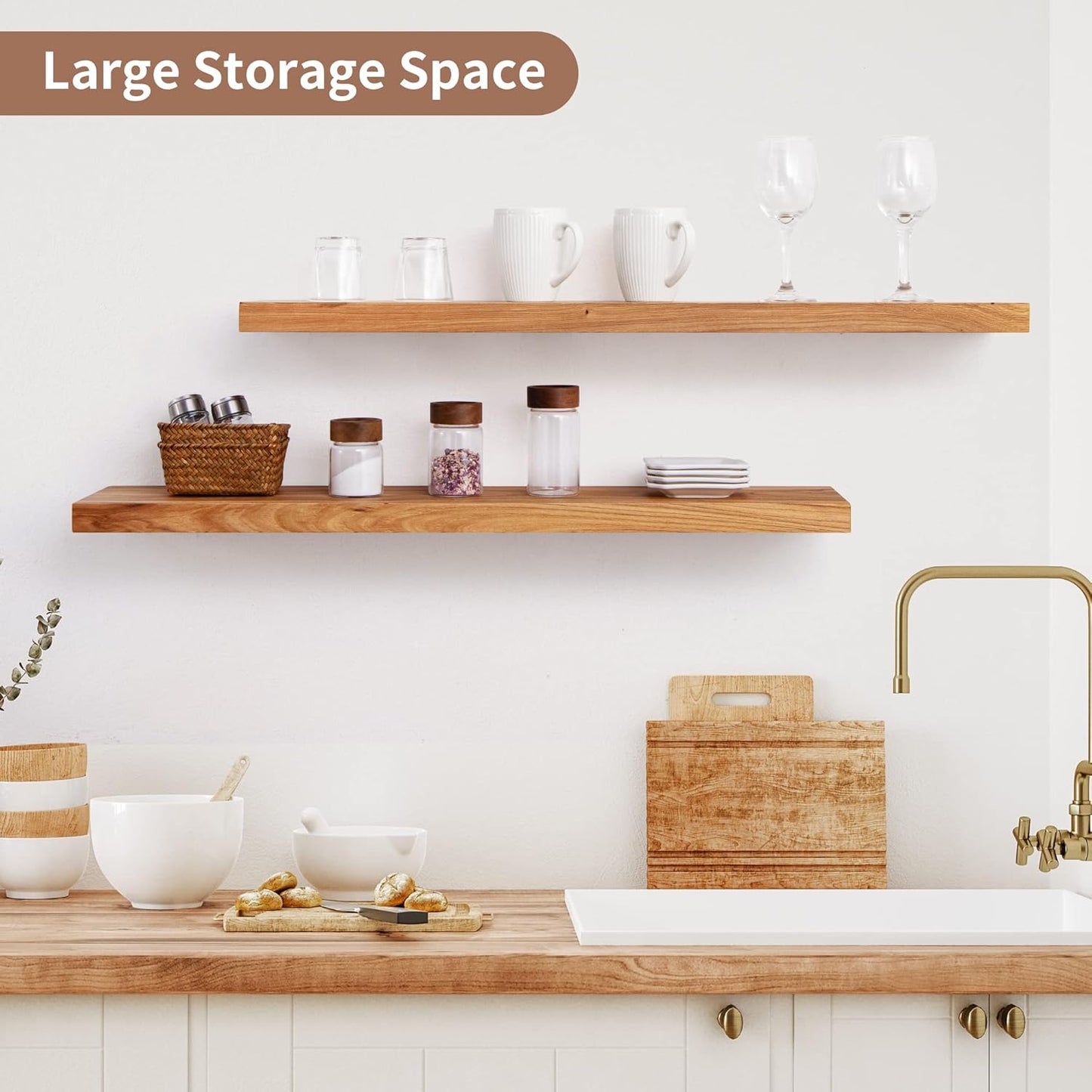 ShelfLoft 36"W x 8"D Rustic Solid Elm Wood Wall Shelves for Storage, Natural-2 Pack