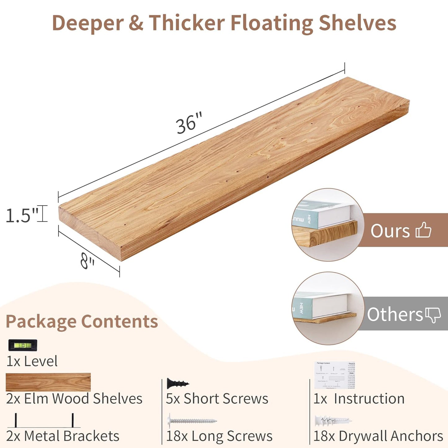 ShelfLoft 36"W x 8"D Rustic Solid Elm Wood Wall Shelves for Storage, Natural-2 Pack