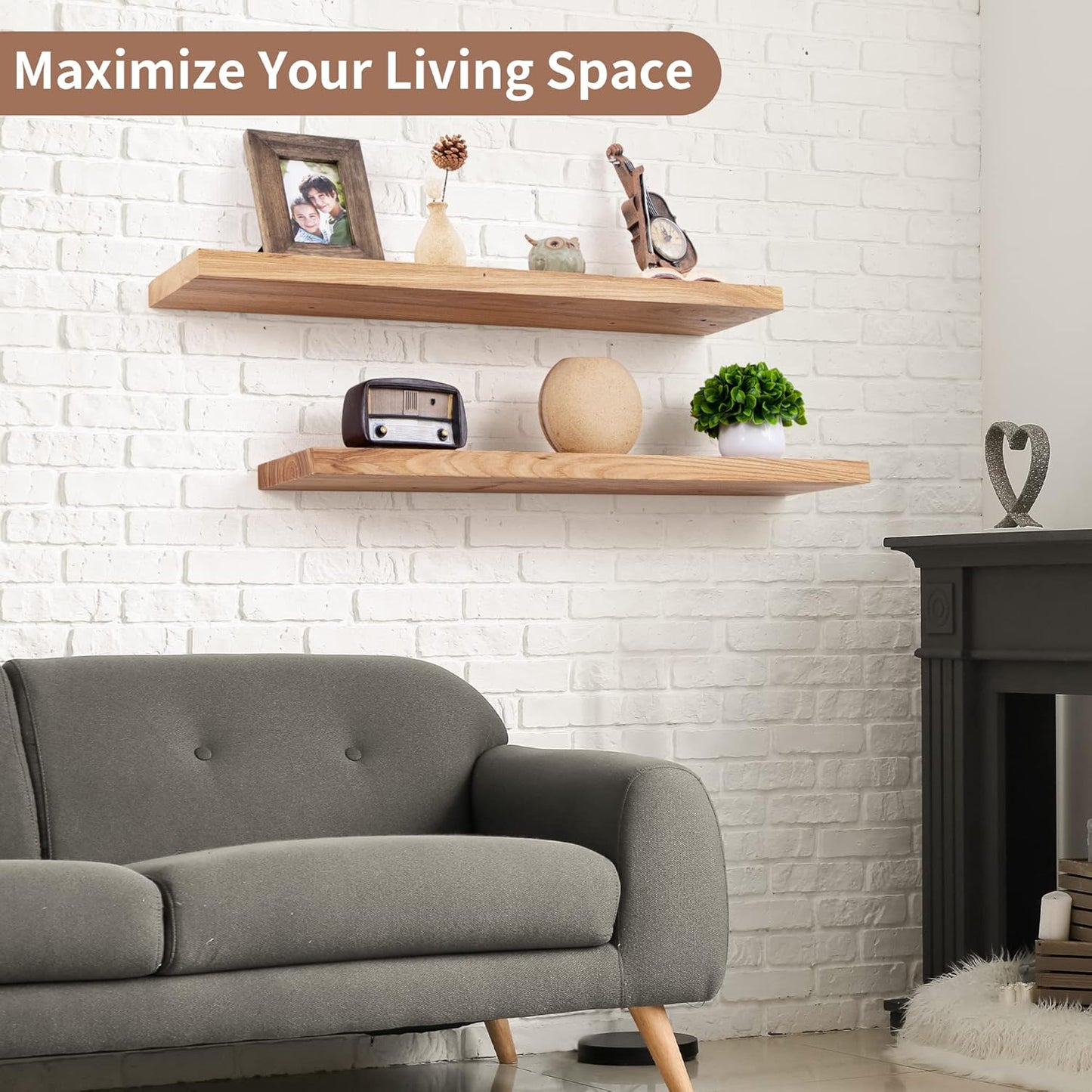 ShelfLoft 36"W x 8"D Rustic Solid Elm Wood Wall Shelves for Storage, Natural-2 Pack